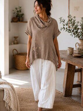 Italian Linen Tunic Dress Taupe Asymmetrical Boho Lagenlook Minimalist Vacation